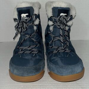 Sorel Winter Boots Whitney Short Lace Waterproof Navy Fur Trimmed Womens 8.5